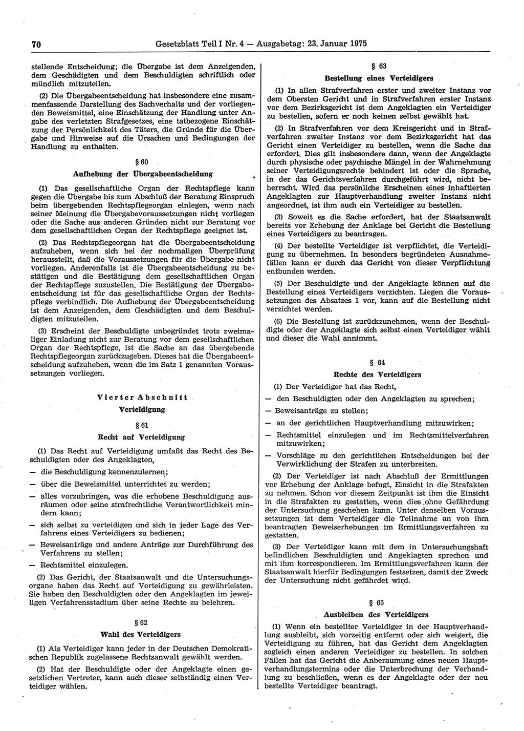 Gesetzblatt (GBl.) der Deutschen Demokratischen Republik (DDR) Teil Ⅰ 1975, Seite 70 (GBl. DDR Ⅰ 1975, S. 70)