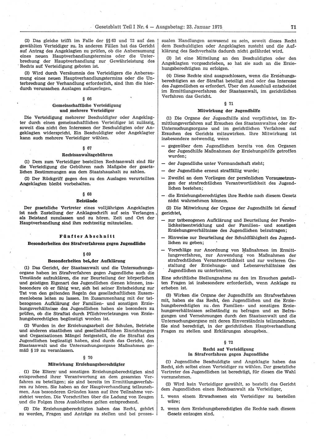 Gesetzblatt (GBl.) der Deutschen Demokratischen Republik (DDR) Teil Ⅰ 1975, Seite 71 (GBl. DDR Ⅰ 1975, S. 71)