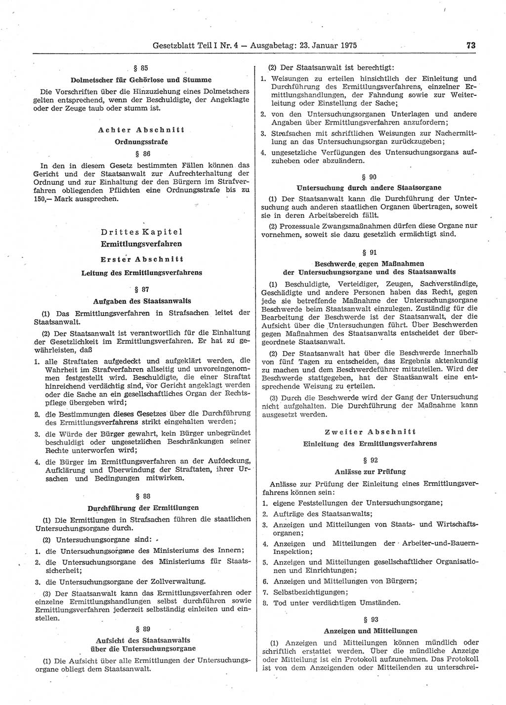 Gesetzblatt (GBl.) der Deutschen Demokratischen Republik (DDR) Teil Ⅰ 1975, Seite 73 (GBl. DDR Ⅰ 1975, S. 73)