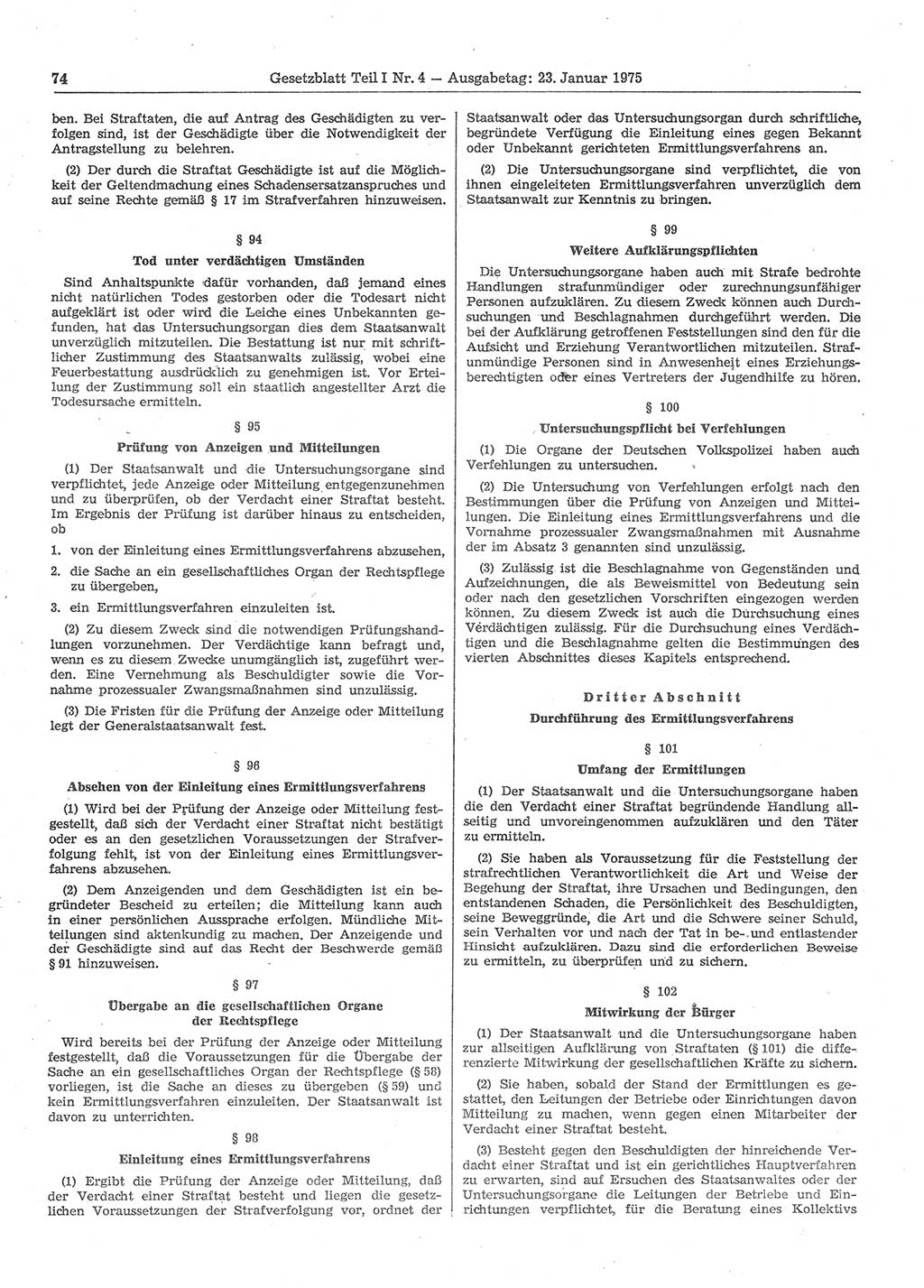 Gesetzblatt (GBl.) der Deutschen Demokratischen Republik (DDR) Teil Ⅰ 1975, Seite 74 (GBl. DDR Ⅰ 1975, S. 74)