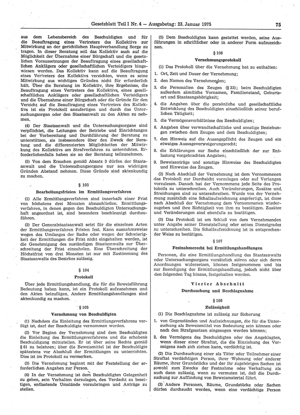 Gesetzblatt (GBl.) der Deutschen Demokratischen Republik (DDR) Teil Ⅰ 1975, Seite 75 (GBl. DDR Ⅰ 1975, S. 75)