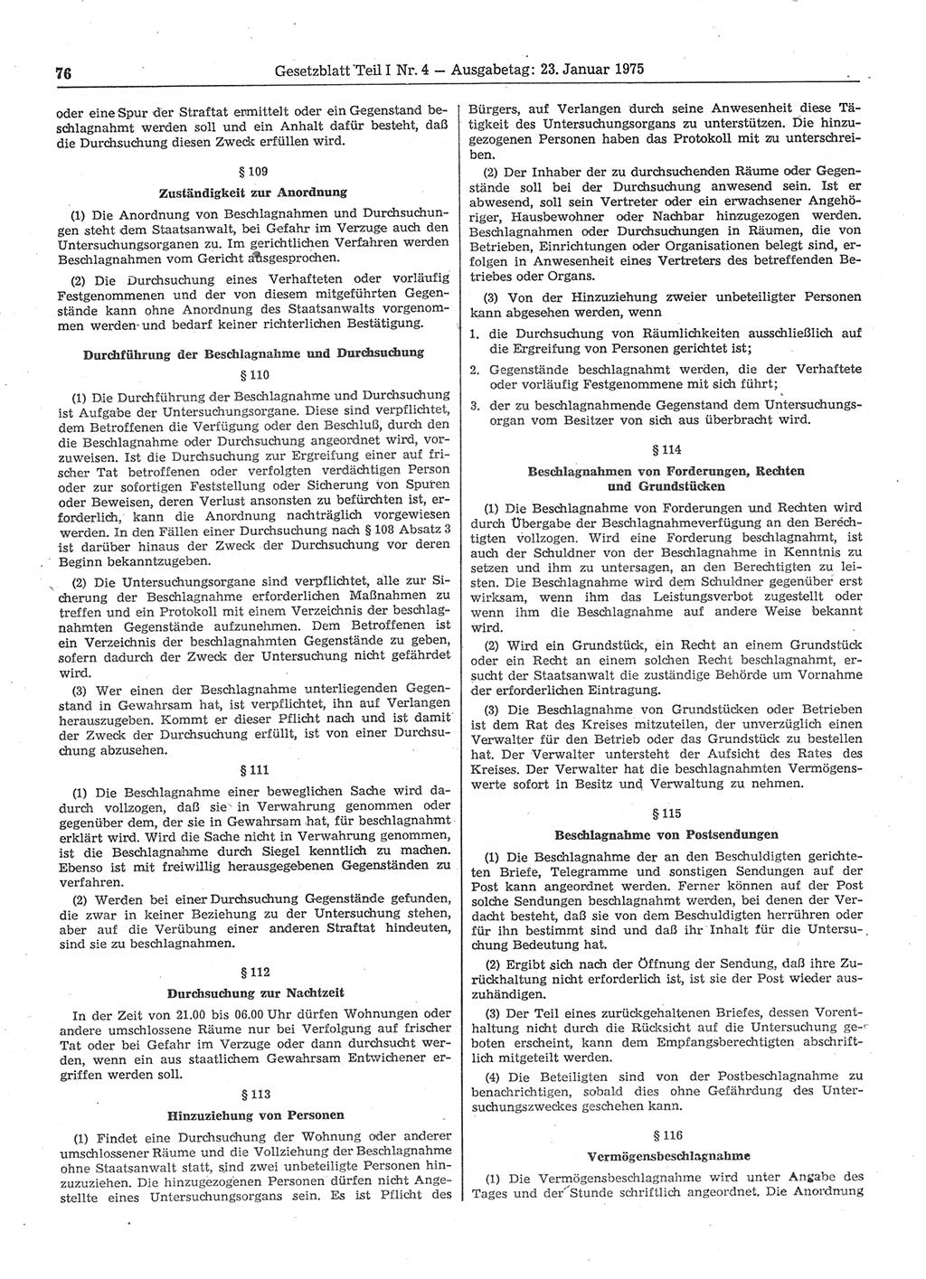 Gesetzblatt (GBl.) der Deutschen Demokratischen Republik (DDR) Teil Ⅰ 1975, Seite 76 (GBl. DDR Ⅰ 1975, S. 76)