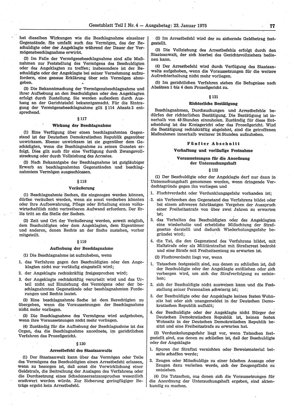 Gesetzblatt (GBl.) der Deutschen Demokratischen Republik (DDR) Teil Ⅰ 1975, Seite 77 (GBl. DDR Ⅰ 1975, S. 77)
