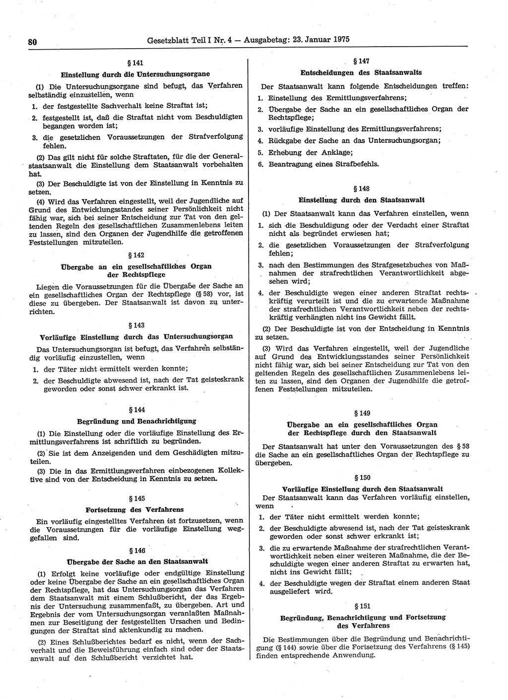 Gesetzblatt (GBl.) der Deutschen Demokratischen Republik (DDR) Teil Ⅰ 1975, Seite 80 (GBl. DDR Ⅰ 1975, S. 80)