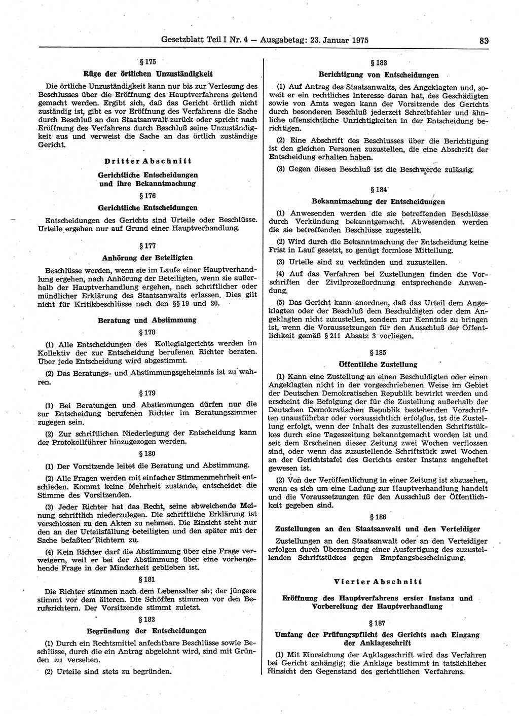 Gesetzblatt (GBl.) der Deutschen Demokratischen Republik (DDR) Teil Ⅰ 1975, Seite 83 (GBl. DDR Ⅰ 1975, S. 83)