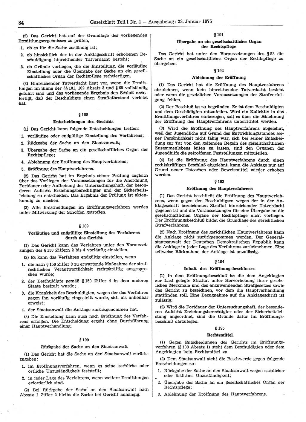 Gesetzblatt (GBl.) der Deutschen Demokratischen Republik (DDR) Teil Ⅰ 1975, Seite 84 (GBl. DDR Ⅰ 1975, S. 84)