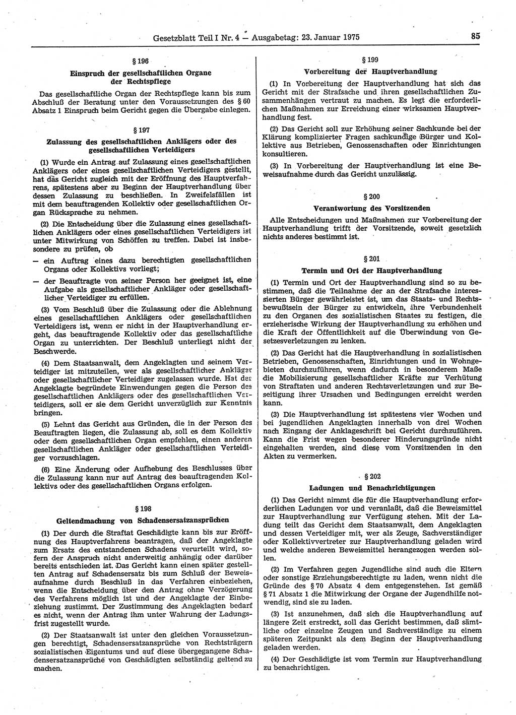 Gesetzblatt (GBl.) der Deutschen Demokratischen Republik (DDR) Teil Ⅰ 1975, Seite 85 (GBl. DDR Ⅰ 1975, S. 85)