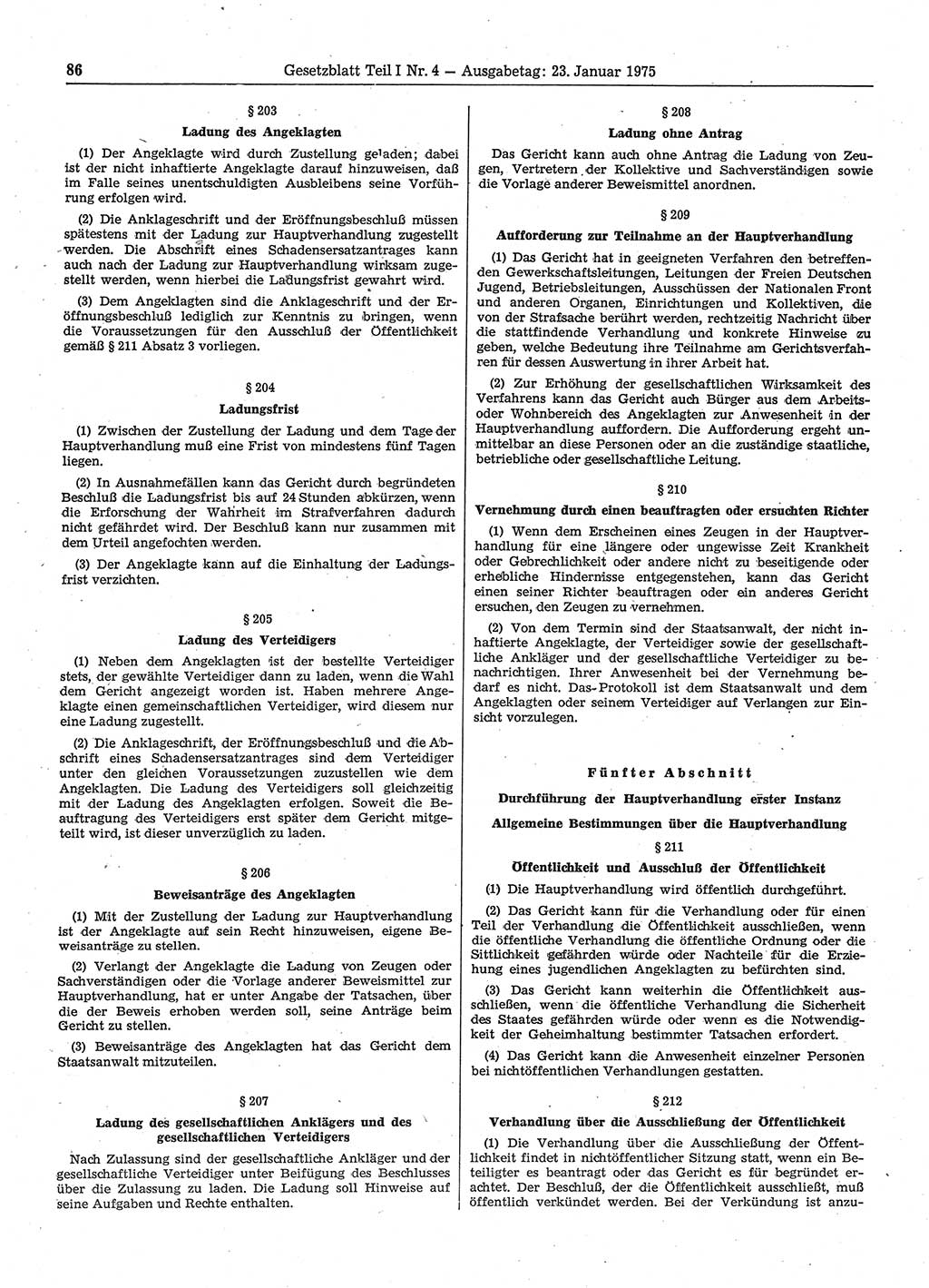 Gesetzblatt (GBl.) der Deutschen Demokratischen Republik (DDR) Teil Ⅰ 1975, Seite 86 (GBl. DDR Ⅰ 1975, S. 86)