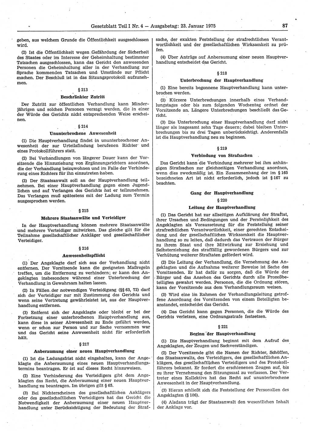 Gesetzblatt (GBl.) der Deutschen Demokratischen Republik (DDR) Teil Ⅰ 1975, Seite 87 (GBl. DDR Ⅰ 1975, S. 87)