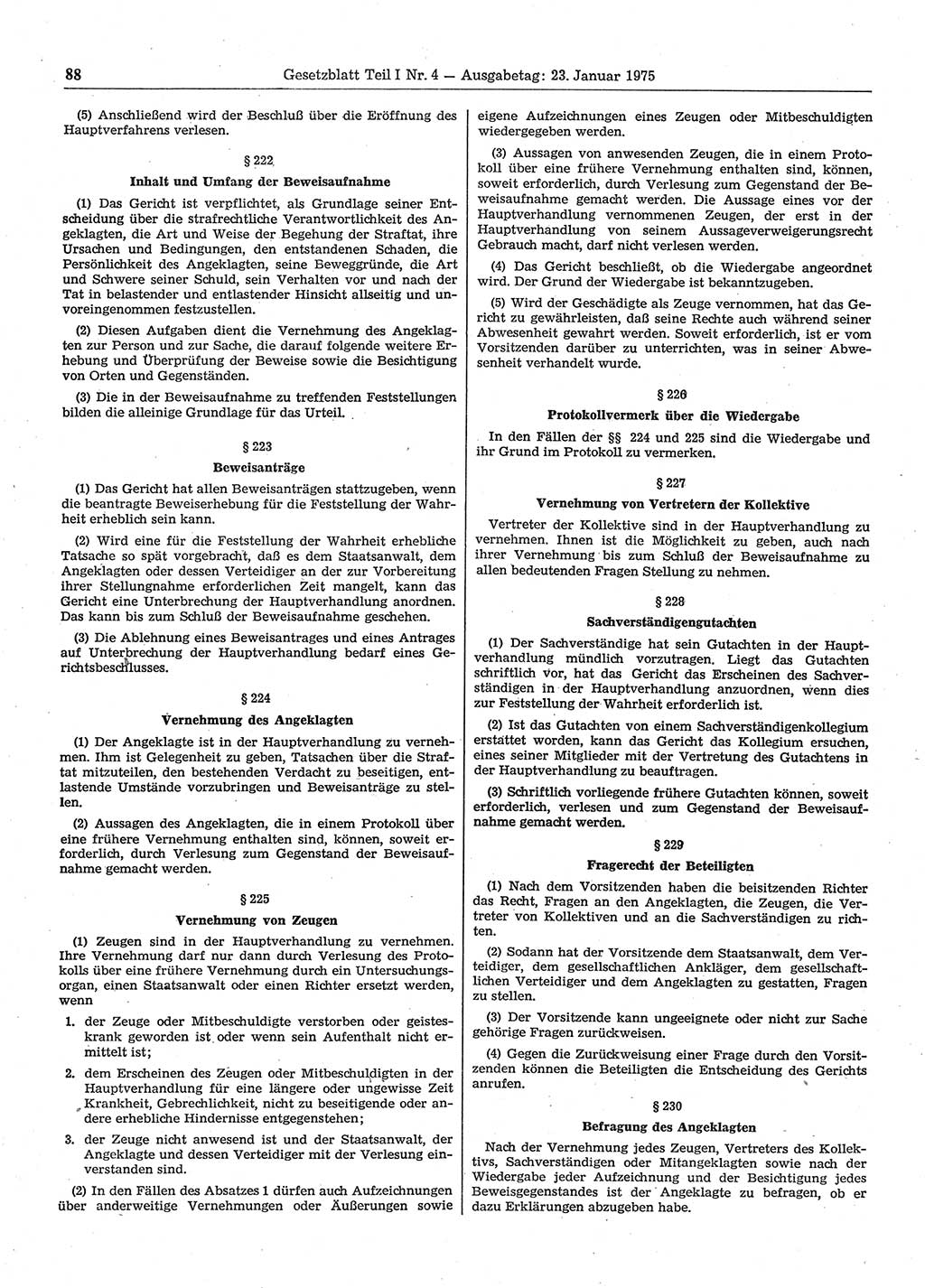 Gesetzblatt (GBl.) der Deutschen Demokratischen Republik (DDR) Teil Ⅰ 1975, Seite 88 (GBl. DDR Ⅰ 1975, S. 88)