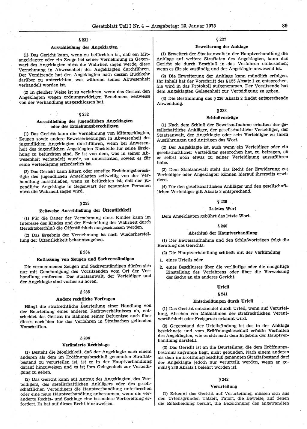 Gesetzblatt (GBl.) der Deutschen Demokratischen Republik (DDR) Teil Ⅰ 1975, Seite 89 (GBl. DDR Ⅰ 1975, S. 89)