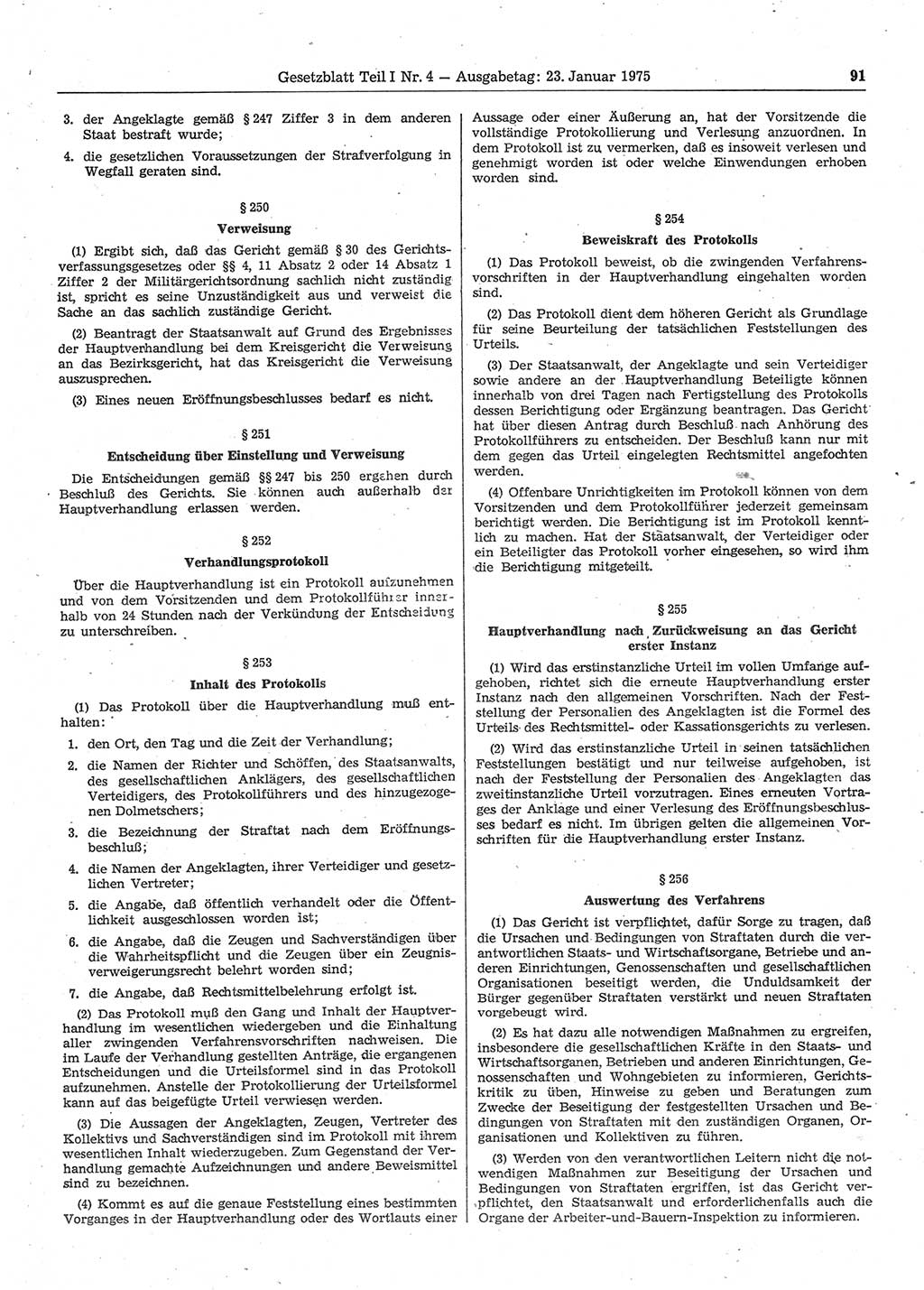 Gesetzblatt (GBl.) der Deutschen Demokratischen Republik (DDR) Teil Ⅰ 1975, Seite 91 (GBl. DDR Ⅰ 1975, S. 91)