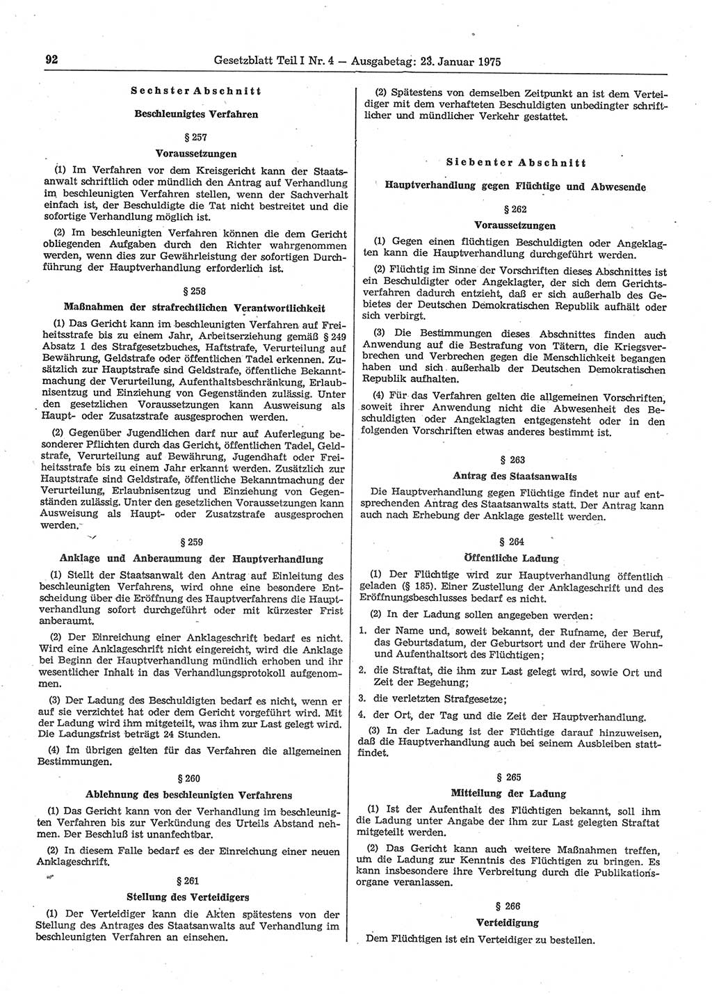 Gesetzblatt (GBl.) der Deutschen Demokratischen Republik (DDR) Teil Ⅰ 1975, Seite 92 (GBl. DDR Ⅰ 1975, S. 92)