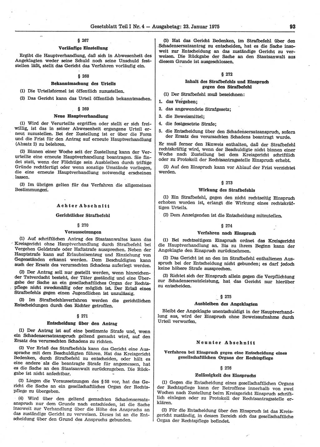Gesetzblatt (GBl.) der Deutschen Demokratischen Republik (DDR) Teil Ⅰ 1975, Seite 93 (GBl. DDR Ⅰ 1975, S. 93)