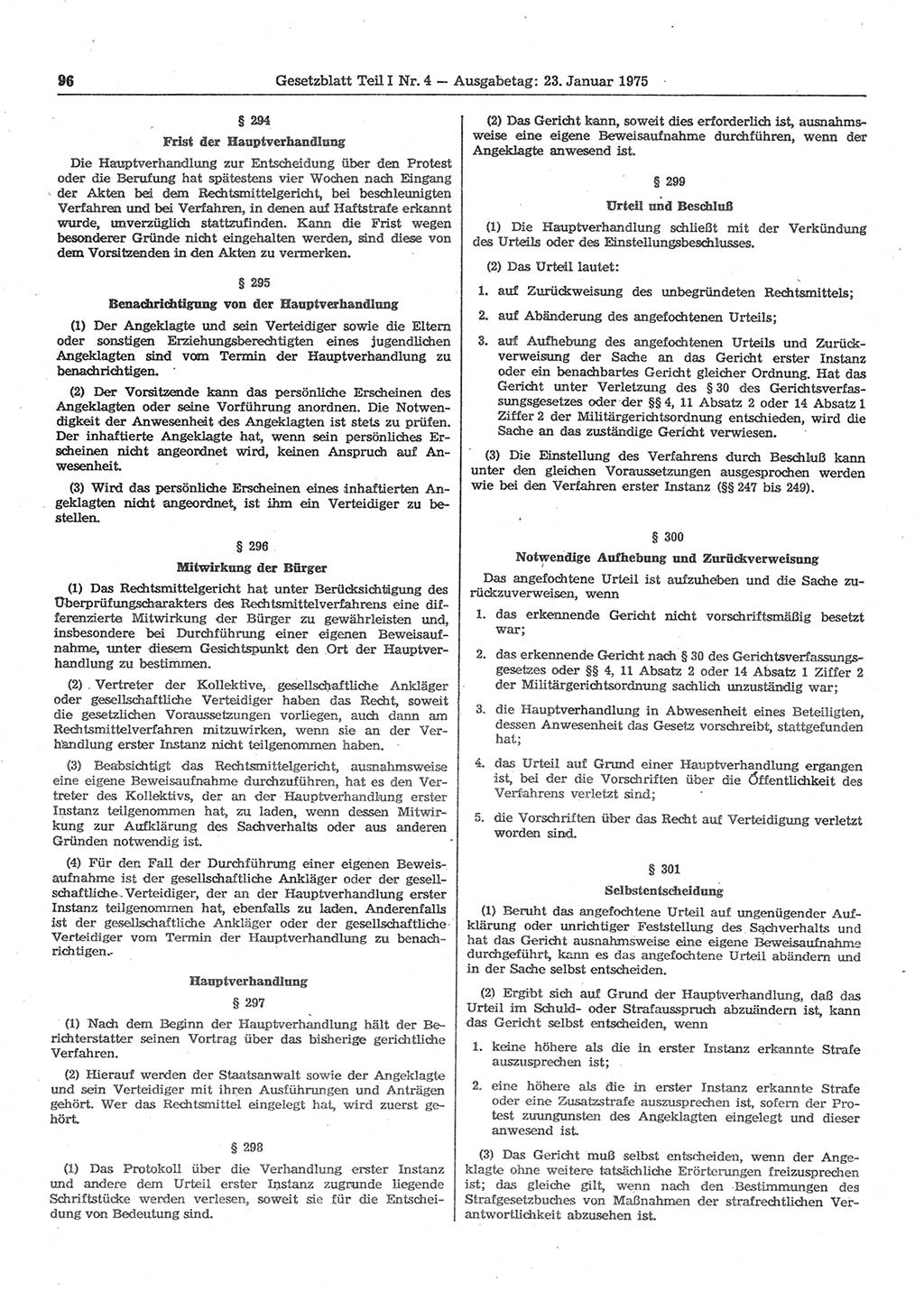 Gesetzblatt (GBl.) der Deutschen Demokratischen Republik (DDR) Teil Ⅰ 1975, Seite 96 (GBl. DDR Ⅰ 1975, S. 96)