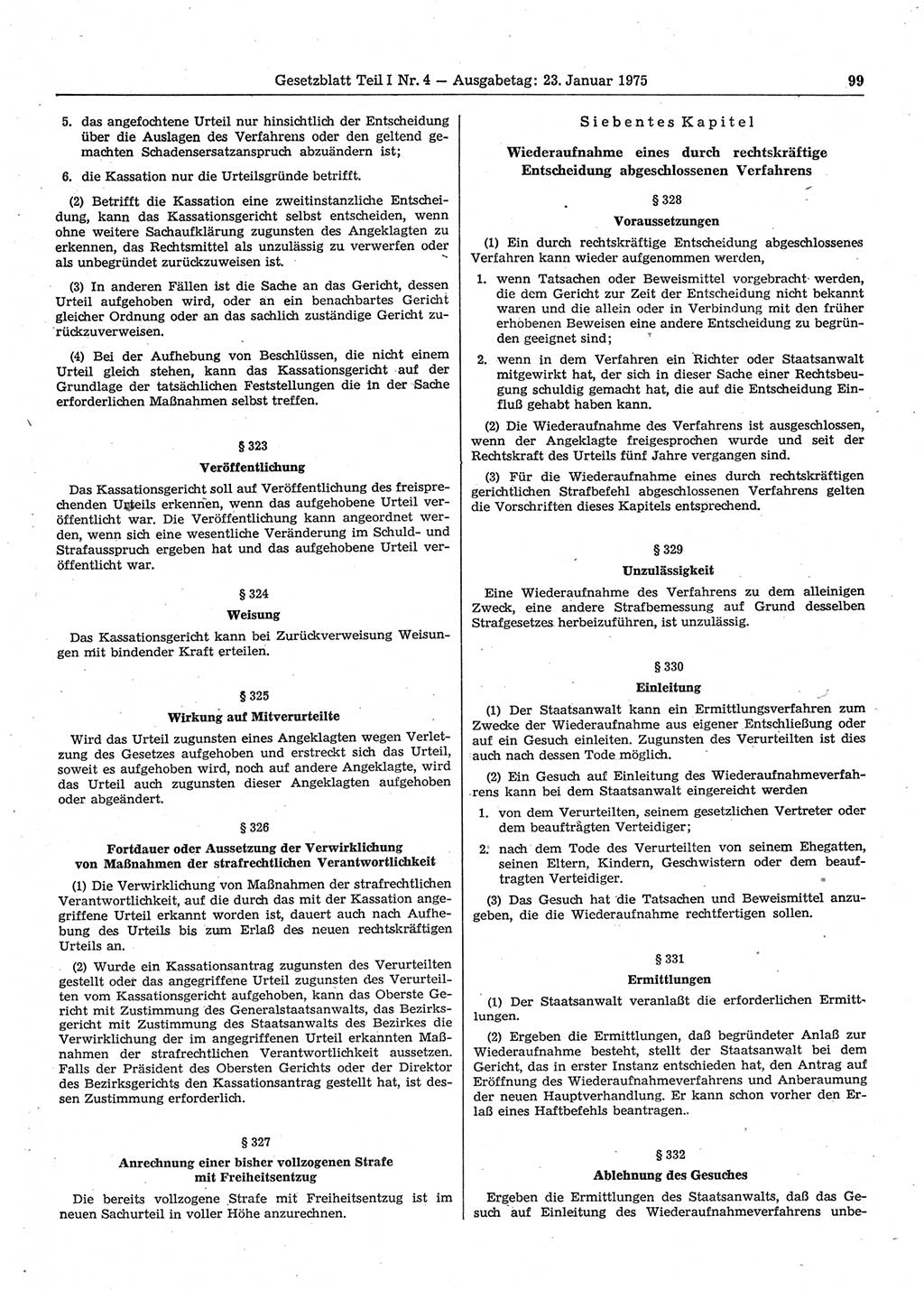 Gesetzblatt (GBl.) der Deutschen Demokratischen Republik (DDR) Teil Ⅰ 1975, Seite 99 (GBl. DDR Ⅰ 1975, S. 99)