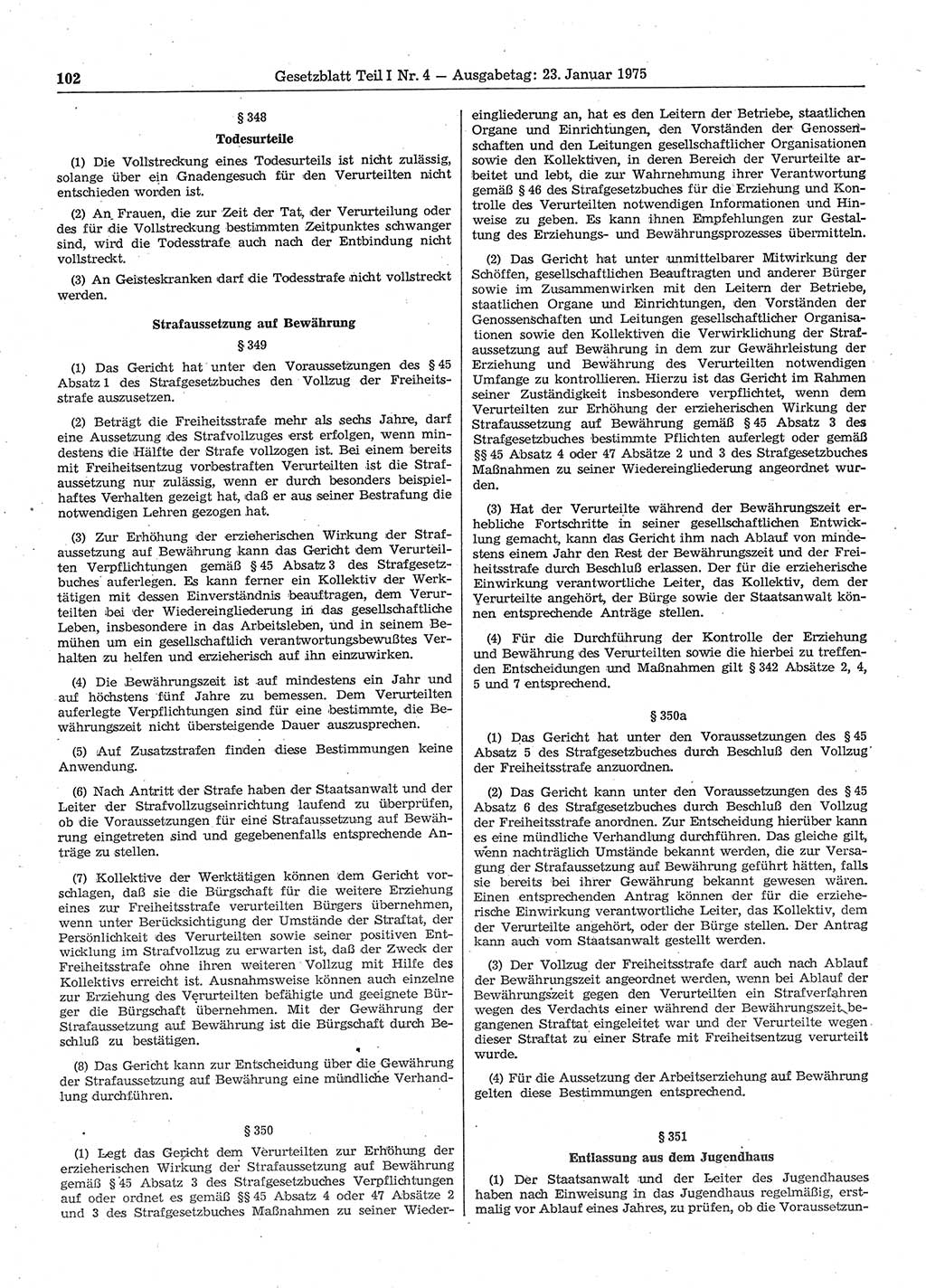 Gesetzblatt (GBl.) der Deutschen Demokratischen Republik (DDR) Teil Ⅰ 1975, Seite 102 (GBl. DDR Ⅰ 1975, S. 102)