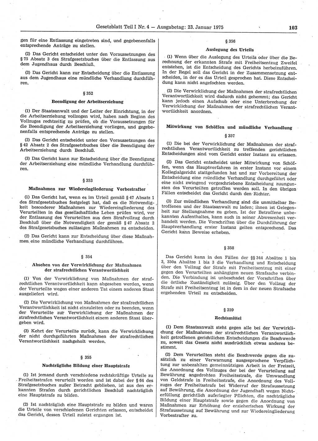 Gesetzblatt (GBl.) der Deutschen Demokratischen Republik (DDR) Teil Ⅰ 1975, Seite 103 (GBl. DDR Ⅰ 1975, S. 103)
