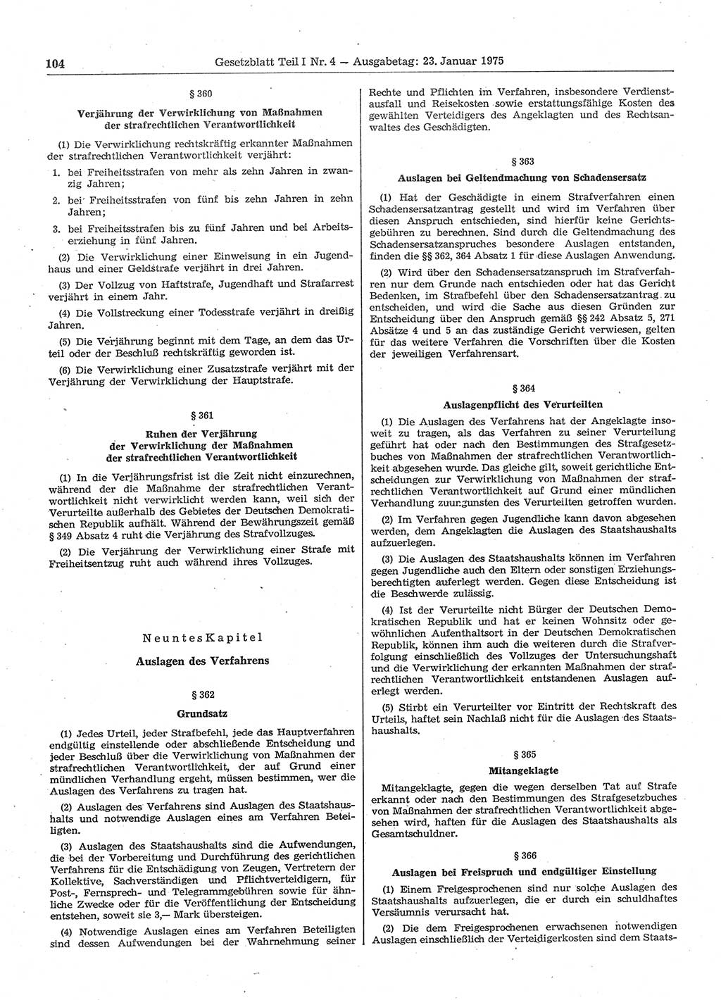 Gesetzblatt (GBl.) der Deutschen Demokratischen Republik (DDR) Teil Ⅰ 1975, Seite 104 (GBl. DDR Ⅰ 1975, S. 104)