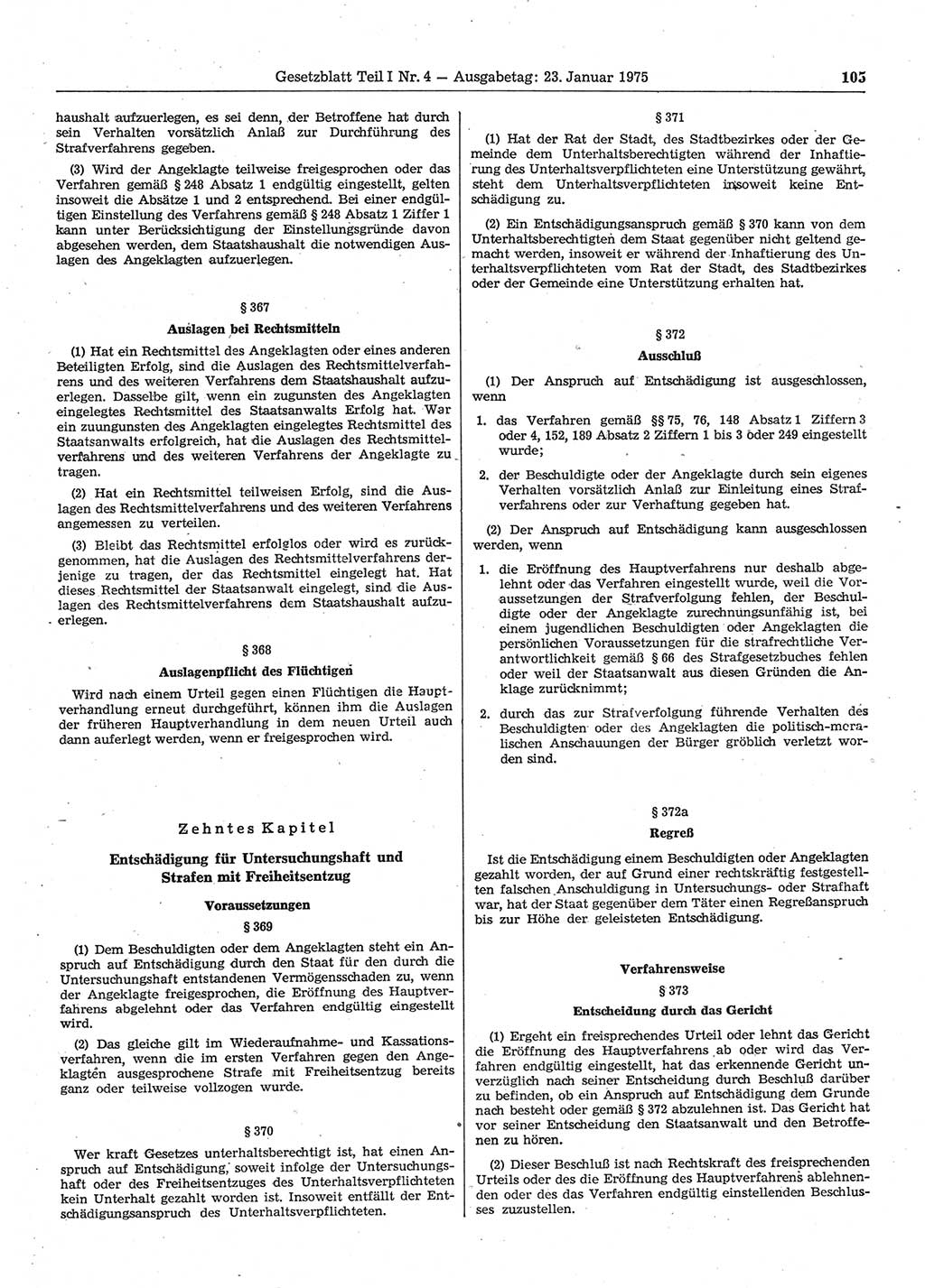 Gesetzblatt (GBl.) der Deutschen Demokratischen Republik (DDR) Teil Ⅰ 1975, Seite 105 (GBl. DDR Ⅰ 1975, S. 105)