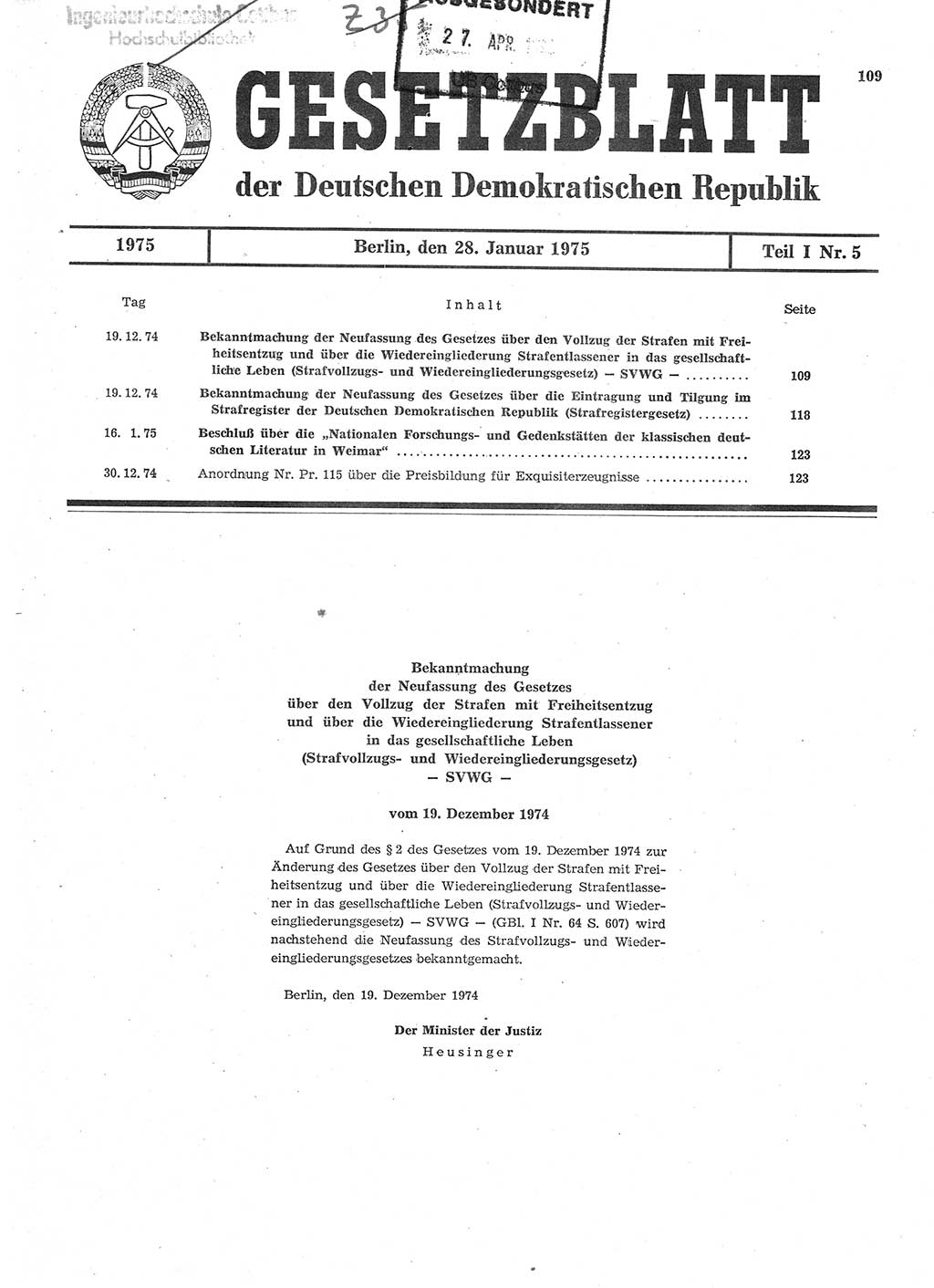 Gesetzblatt (GBl.) der Deutschen Demokratischen Republik (DDR) Teil Ⅰ 1975, Seite 109 (GBl. DDR Ⅰ 1975, S. 109)