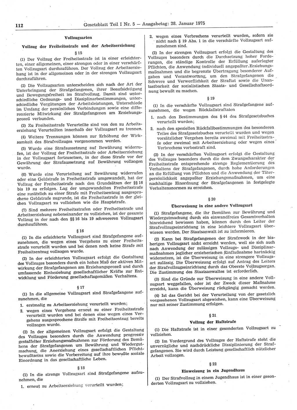 Gesetzblatt (GBl.) der Deutschen Demokratischen Republik (DDR) Teil Ⅰ 1975, Seite 112 (GBl. DDR Ⅰ 1975, S. 112)