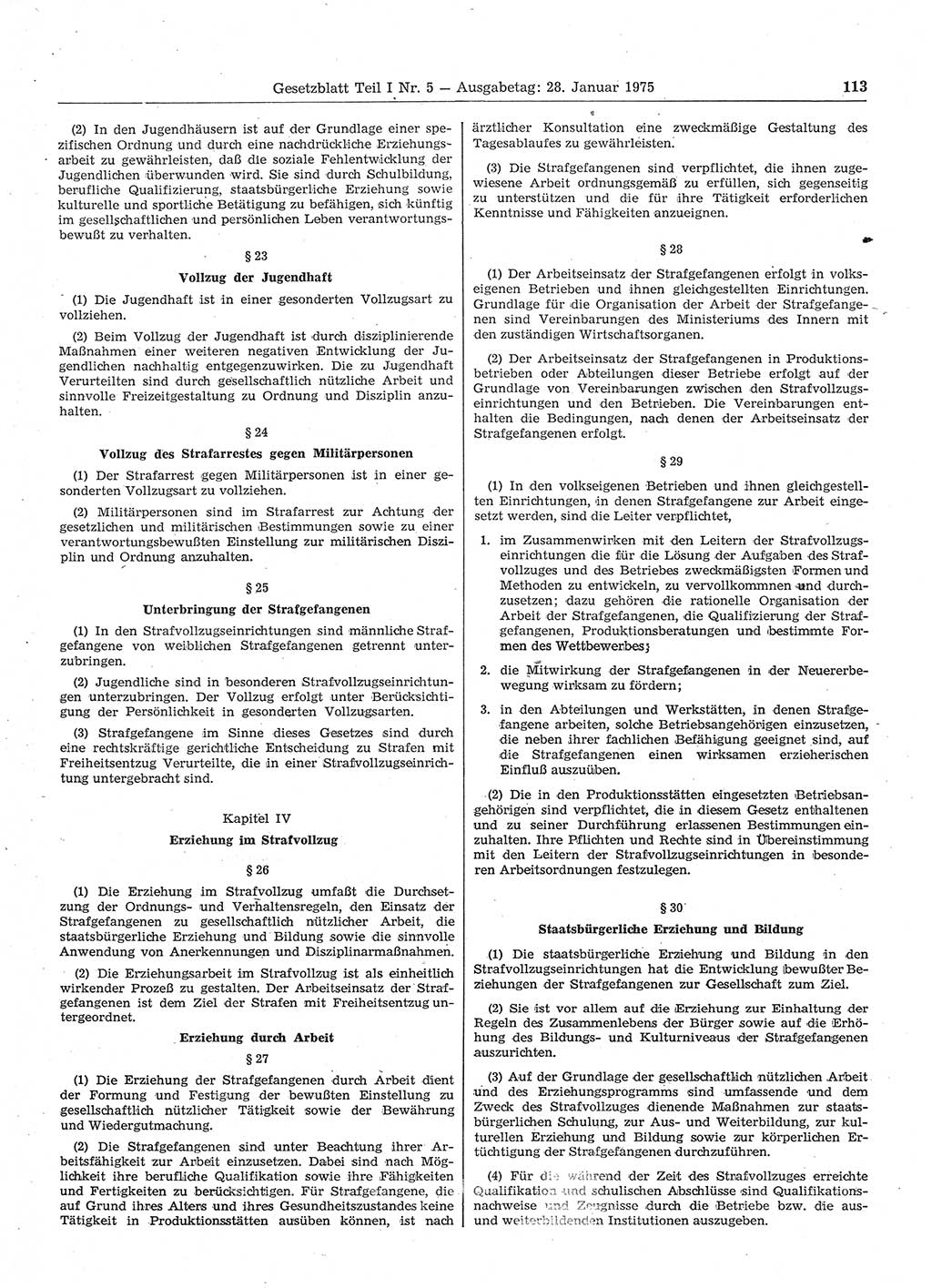 Gesetzblatt (GBl.) der Deutschen Demokratischen Republik (DDR) Teil Ⅰ 1975, Seite 113 (GBl. DDR Ⅰ 1975, S. 113)