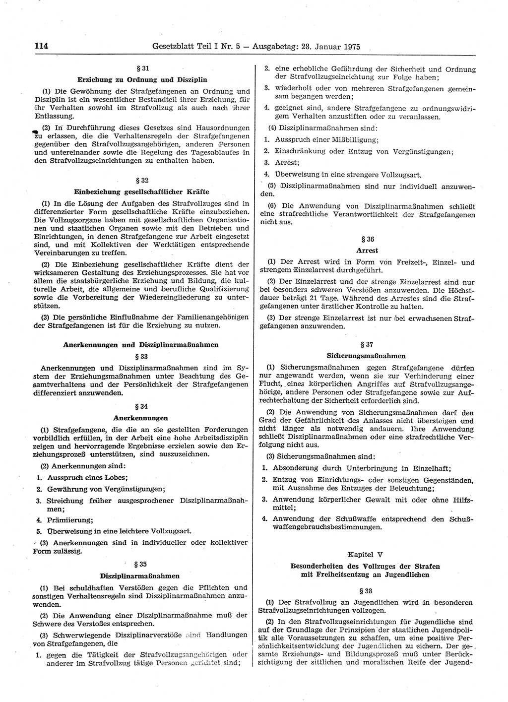Gesetzblatt (GBl.) der Deutschen Demokratischen Republik (DDR) Teil Ⅰ 1975, Seite 114 (GBl. DDR Ⅰ 1975, S. 114)