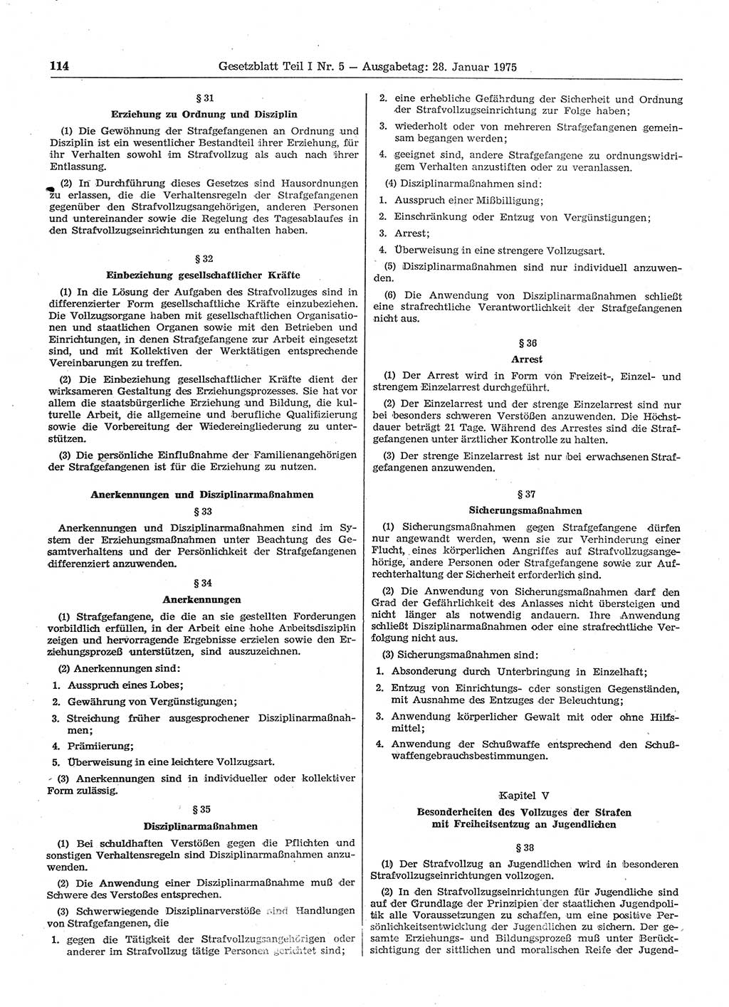 Gesetzblatt (GBl.) der Deutschen Demokratischen Republik (DDR) Teil Ⅰ 1975, Seite 114 (GBl. DDR Ⅰ 1975, S. 114)