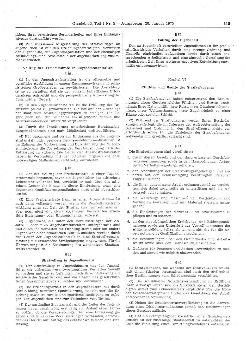 Gesetzblatt (GBl.) der Deutschen Demokratischen Republik (DDR) Teil Ⅰ 1975, Seite 115 (GBl. DDR Ⅰ 1975, S. 115)