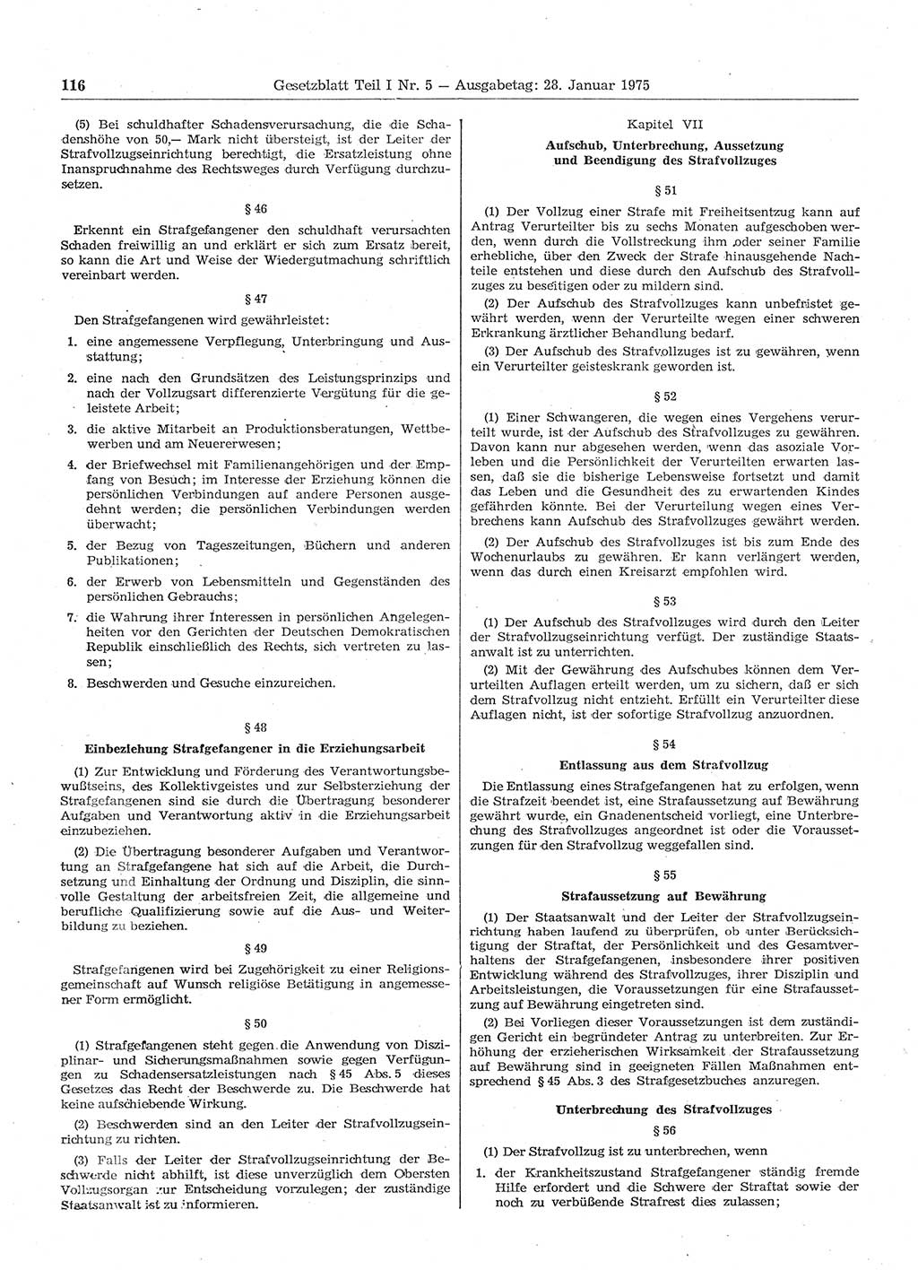 Gesetzblatt (GBl.) der Deutschen Demokratischen Republik (DDR) Teil Ⅰ 1975, Seite 116 (GBl. DDR Ⅰ 1975, S. 116)
