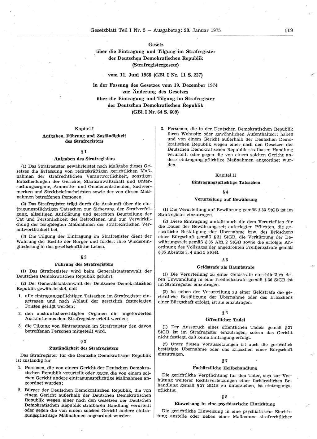 Gesetzblatt (GBl.) der Deutschen Demokratischen Republik (DDR) Teil Ⅰ 1975, Seite 119 (GBl. DDR Ⅰ 1975, S. 119)