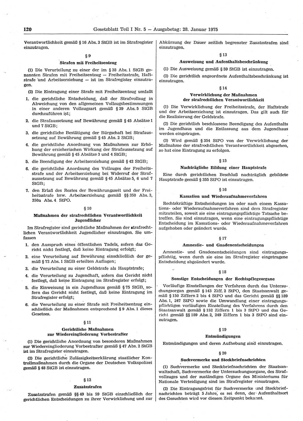 Gesetzblatt (GBl.) der Deutschen Demokratischen Republik (DDR) Teil Ⅰ 1975, Seite 120 (GBl. DDR Ⅰ 1975, S. 120)