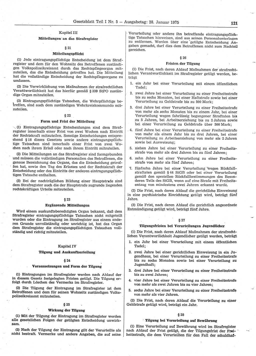 Gesetzblatt (GBl.) der Deutschen Demokratischen Republik (DDR) Teil Ⅰ 1975, Seite 121 (GBl. DDR Ⅰ 1975, S. 121)