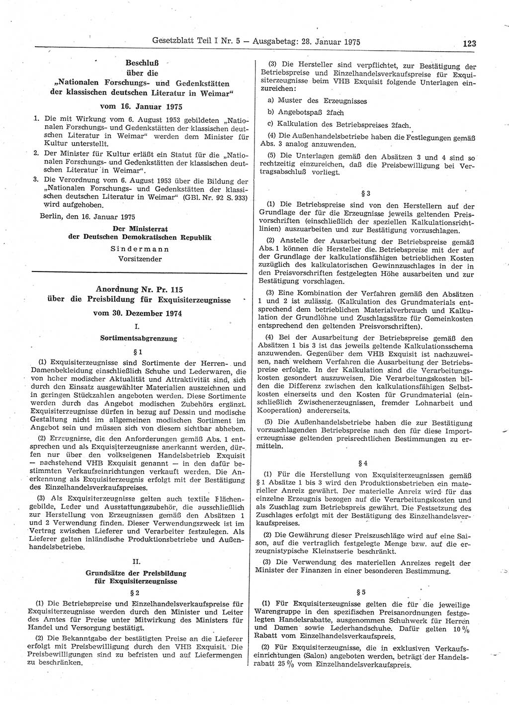 Gesetzblatt (GBl.) der Deutschen Demokratischen Republik (DDR) Teil Ⅰ 1975, Seite 123 (GBl. DDR Ⅰ 1975, S. 123)