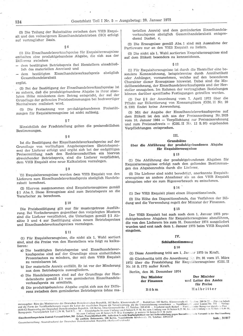 Gesetzblatt (GBl.) der Deutschen Demokratischen Republik (DDR) Teil Ⅰ 1975, Seite 124 (GBl. DDR Ⅰ 1975, S. 124)