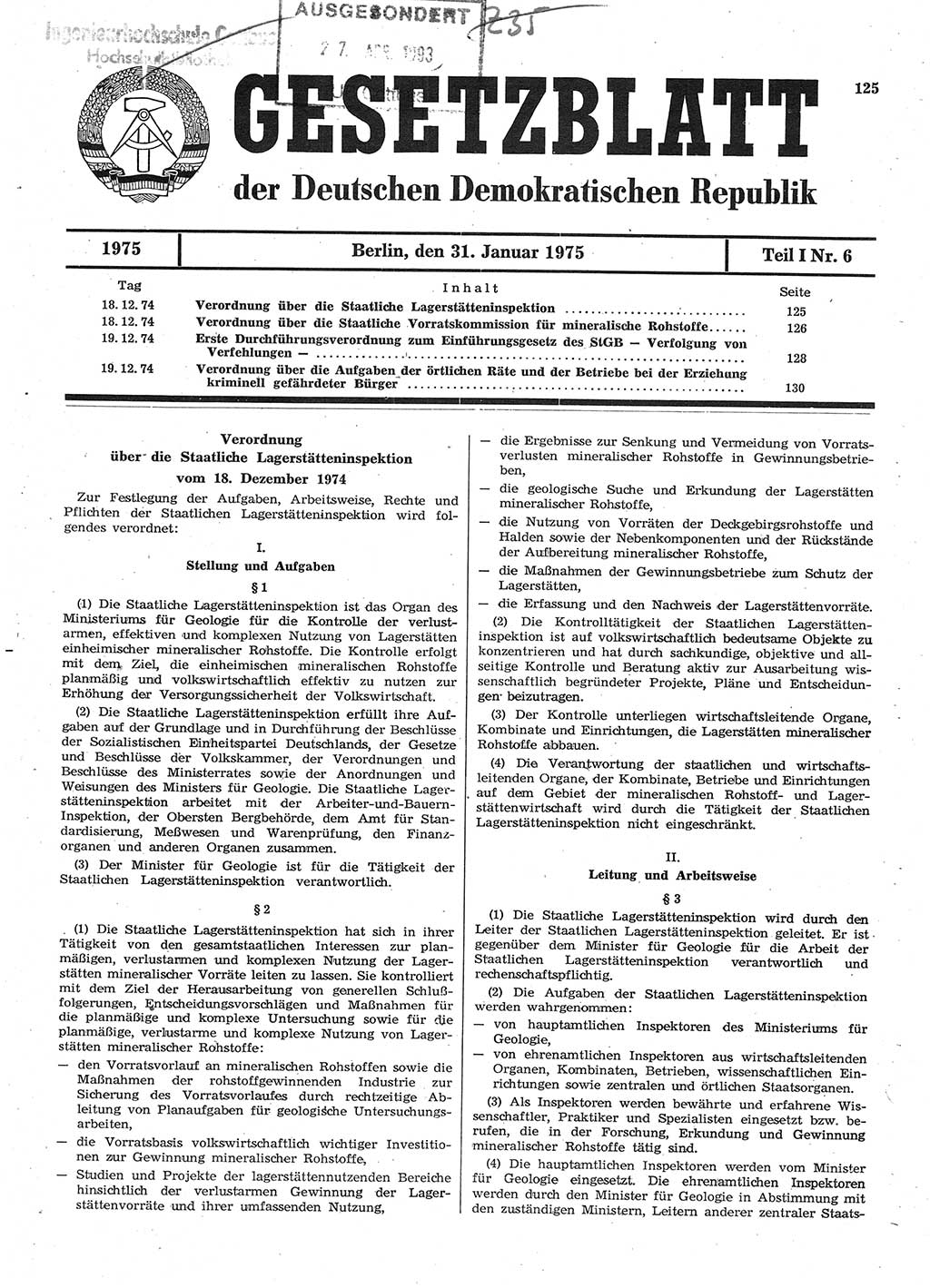 Gesetzblatt (GBl.) der Deutschen Demokratischen Republik (DDR) Teil Ⅰ 1975, Seite 125 (GBl. DDR Ⅰ 1975, S. 125)