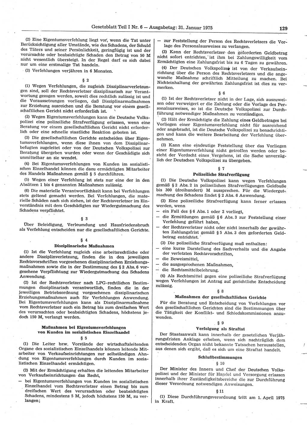 Gesetzblatt (GBl.) der Deutschen Demokratischen Republik (DDR) Teil Ⅰ 1975, Seite 129 (GBl. DDR Ⅰ 1975, S. 129)