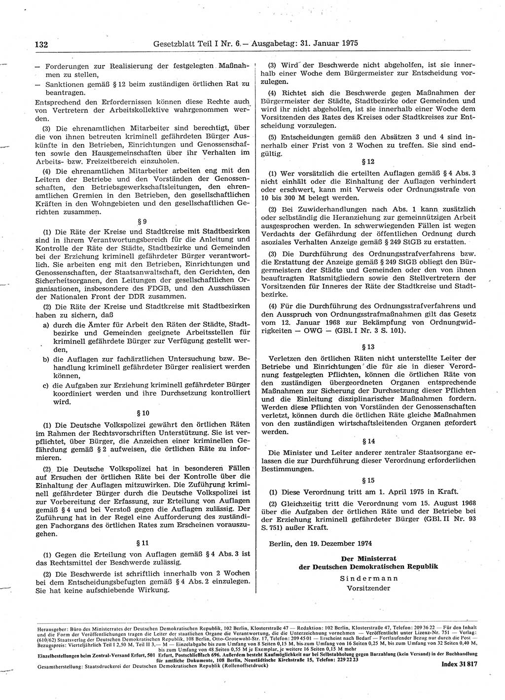 Gesetzblatt (GBl.) der Deutschen Demokratischen Republik (DDR) Teil Ⅰ 1975, Seite 132 (GBl. DDR Ⅰ 1975, S. 132)