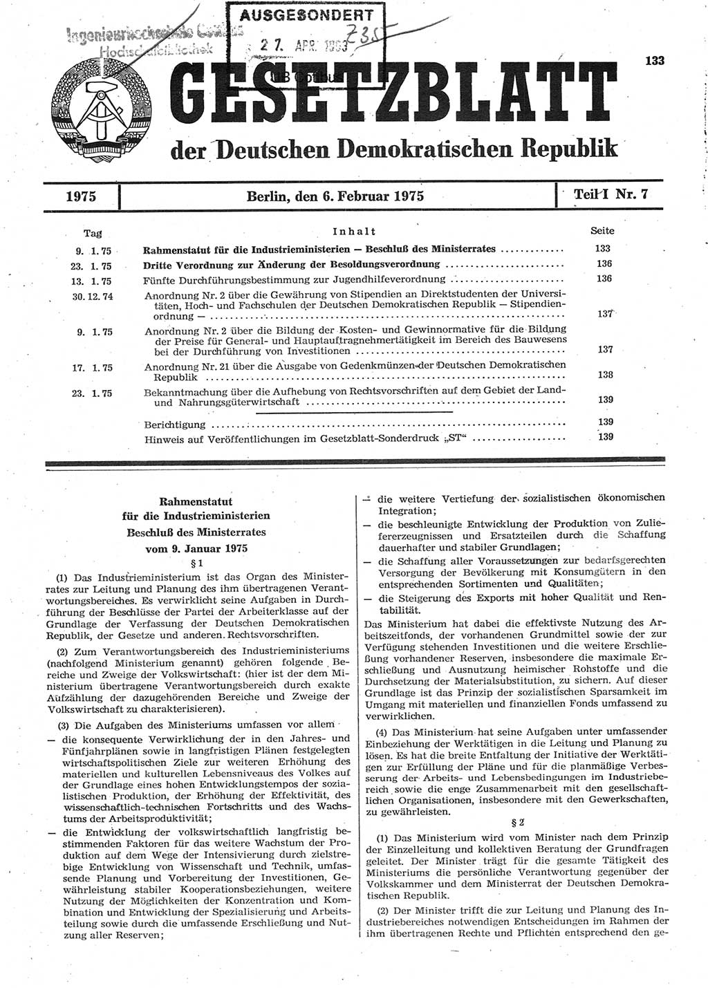 Gesetzblatt (GBl.) der Deutschen Demokratischen Republik (DDR) Teil Ⅰ 1975, Seite 133 (GBl. DDR Ⅰ 1975, S. 133)