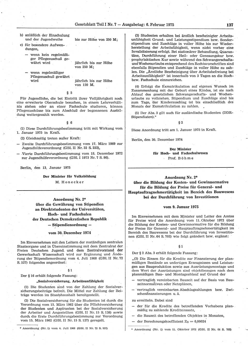 Gesetzblatt (GBl.) der Deutschen Demokratischen Republik (DDR) Teil Ⅰ 1975, Seite 137 (GBl. DDR Ⅰ 1975, S. 137)