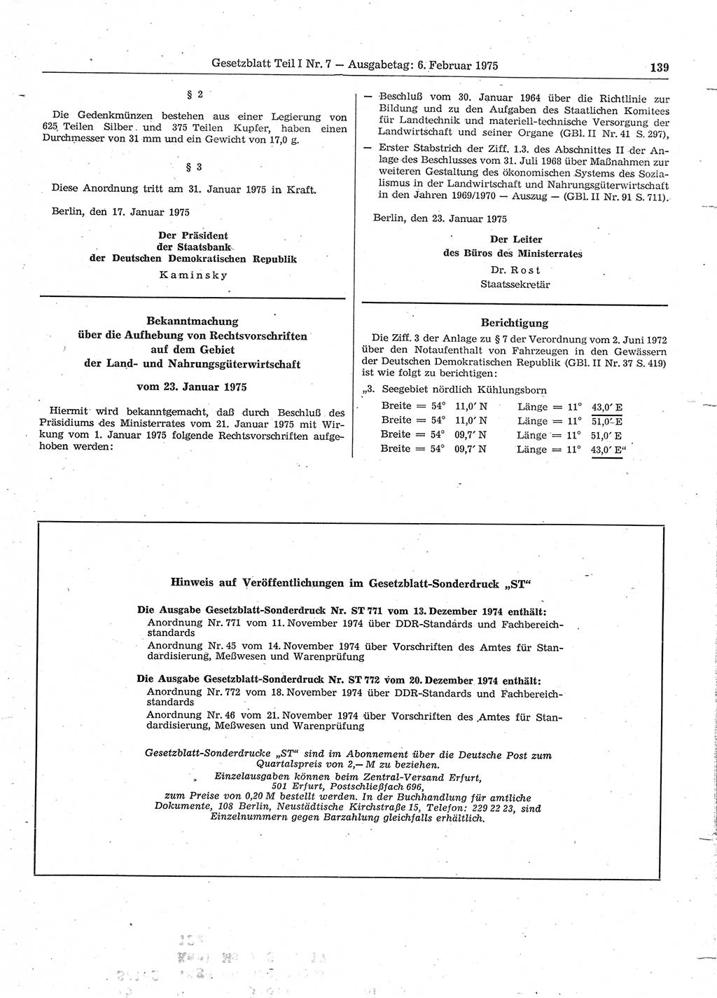 Gesetzblatt (GBl.) der Deutschen Demokratischen Republik (DDR) Teil Ⅰ 1975, Seite 139 (GBl. DDR Ⅰ 1975, S. 139)