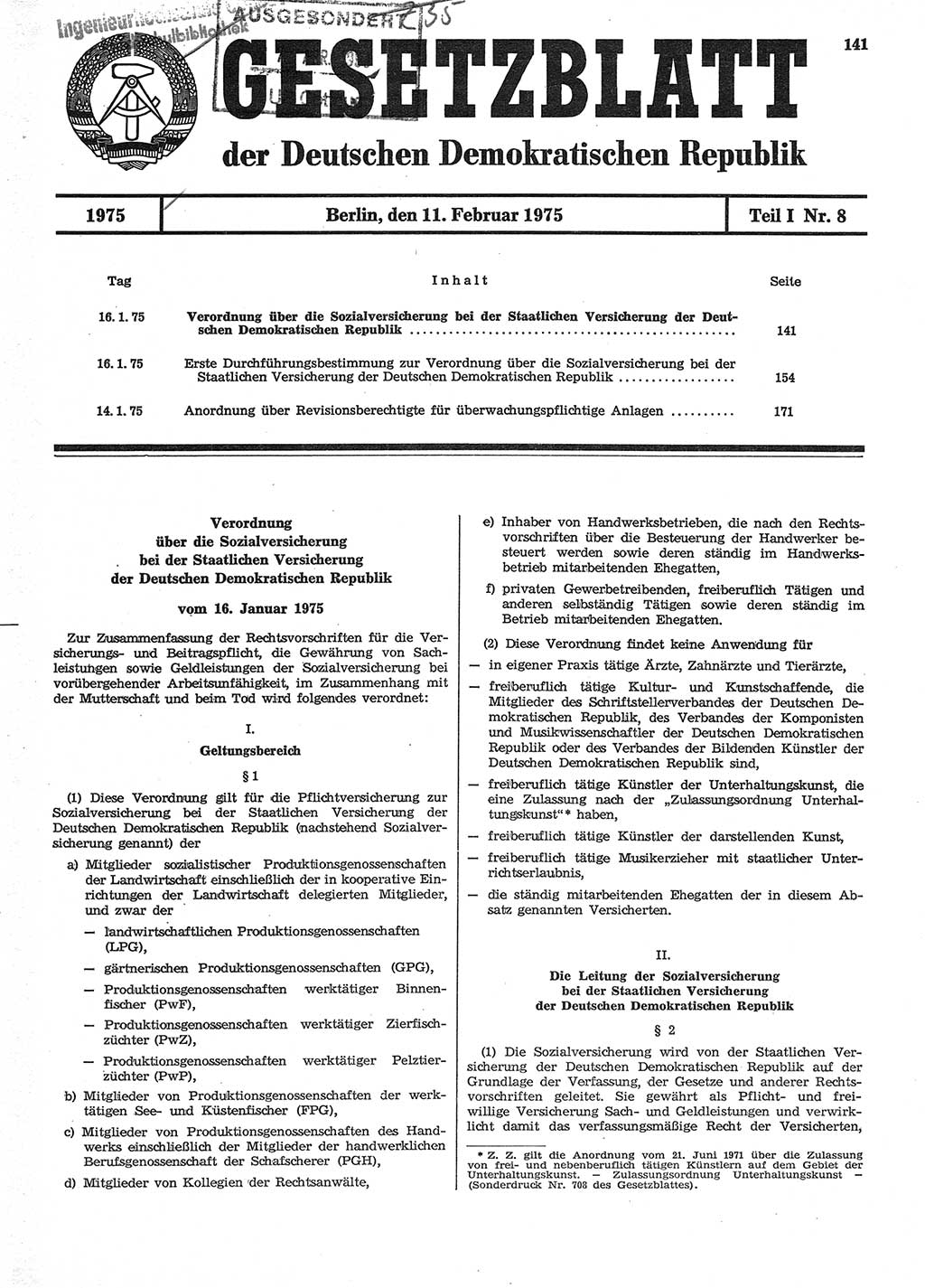 Gesetzblatt (GBl.) der Deutschen Demokratischen Republik (DDR) Teil Ⅰ 1975, Seite 141 (GBl. DDR Ⅰ 1975, S. 141)