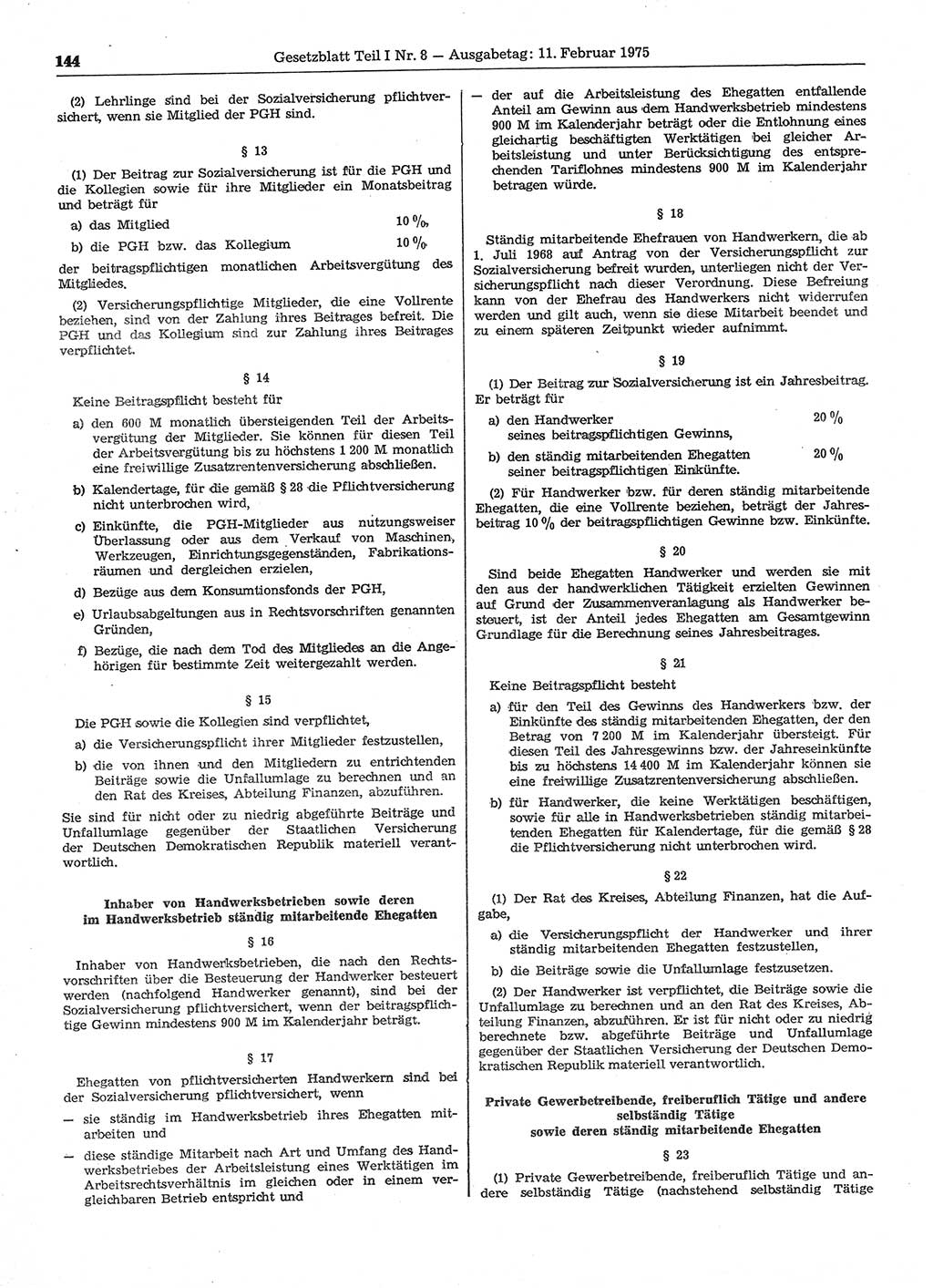 Gesetzblatt (GBl.) der Deutschen Demokratischen Republik (DDR) Teil Ⅰ 1975, Seite 144 (GBl. DDR Ⅰ 1975, S. 144)