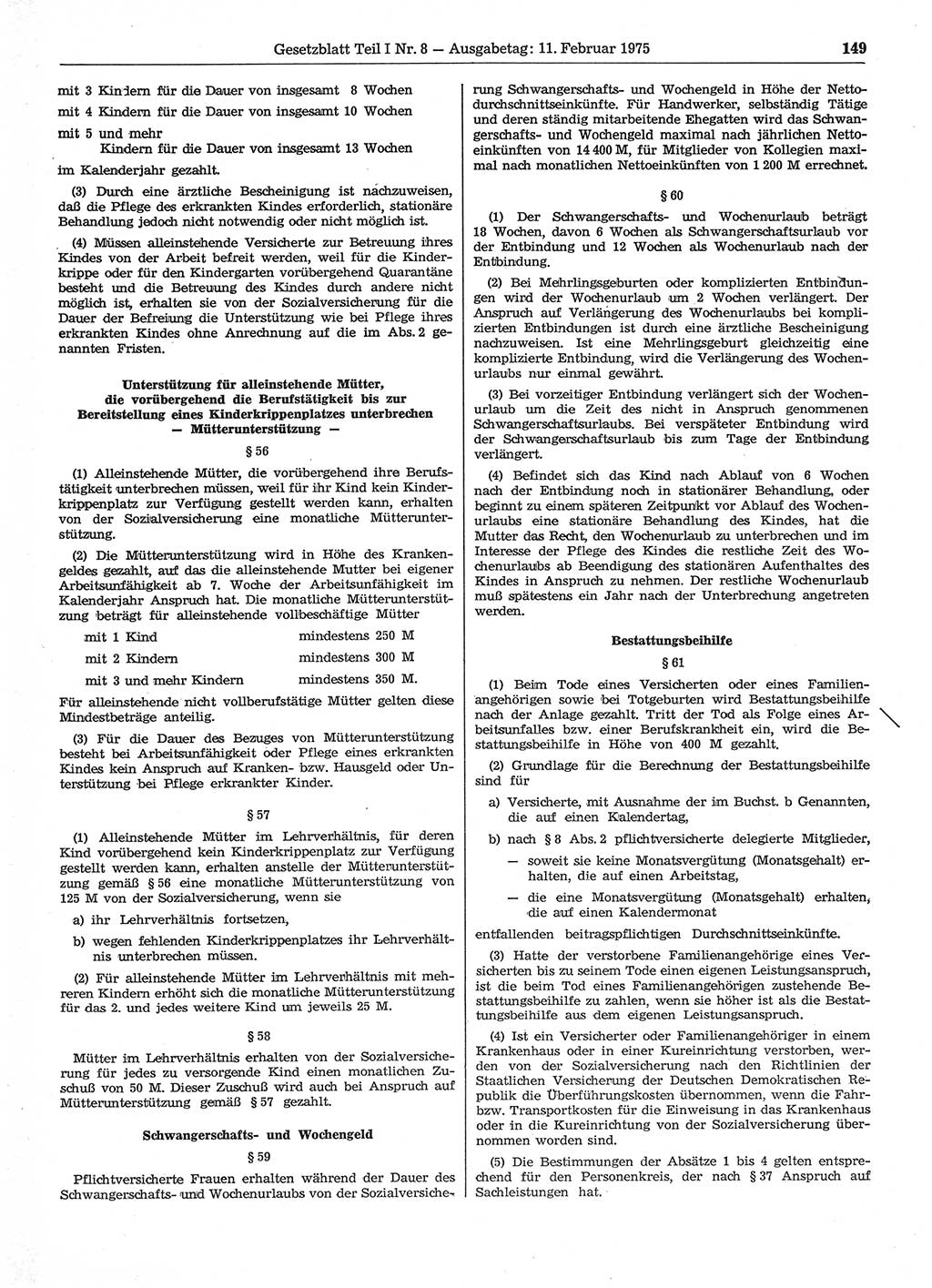 Gesetzblatt (GBl.) der Deutschen Demokratischen Republik (DDR) Teil Ⅰ 1975, Seite 149 (GBl. DDR Ⅰ 1975, S. 149)