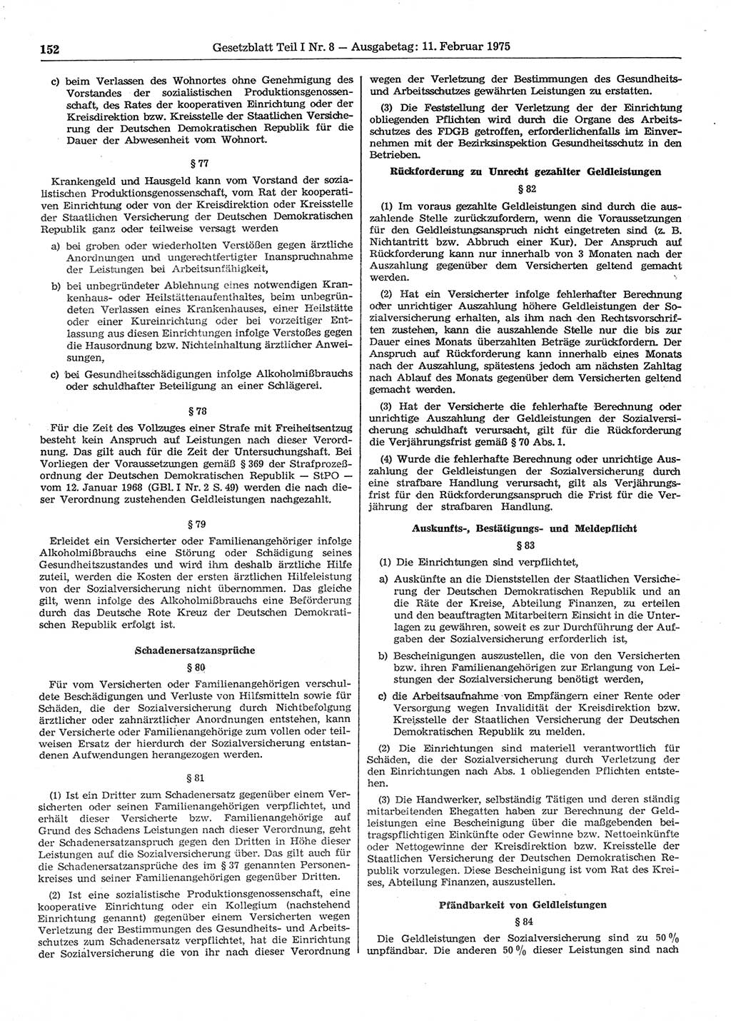 Gesetzblatt (GBl.) der Deutschen Demokratischen Republik (DDR) Teil Ⅰ 1975, Seite 152 (GBl. DDR Ⅰ 1975, S. 152)