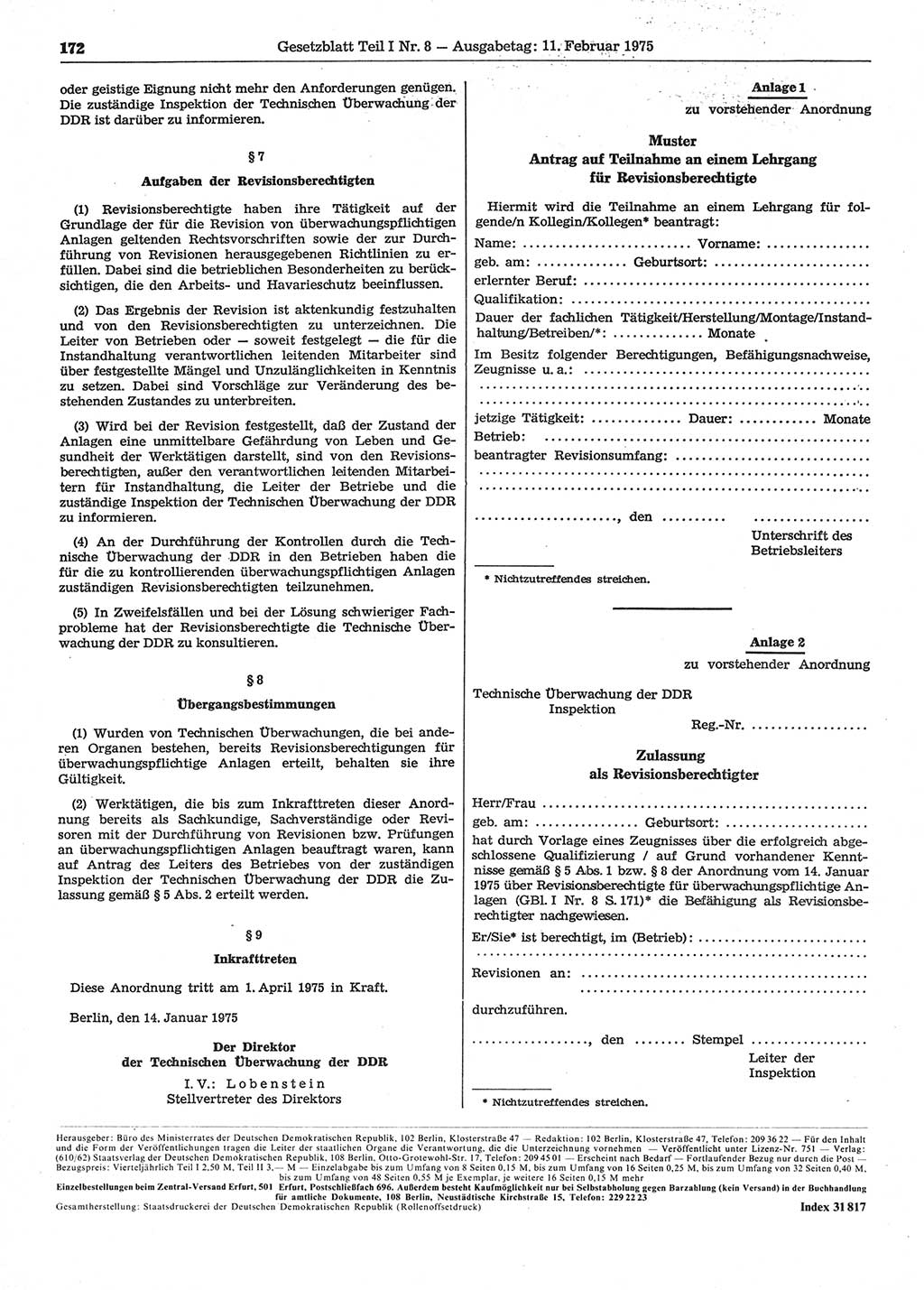 Gesetzblatt (GBl.) der Deutschen Demokratischen Republik (DDR) Teil Ⅰ 1975, Seite 172 (GBl. DDR Ⅰ 1975, S. 172)