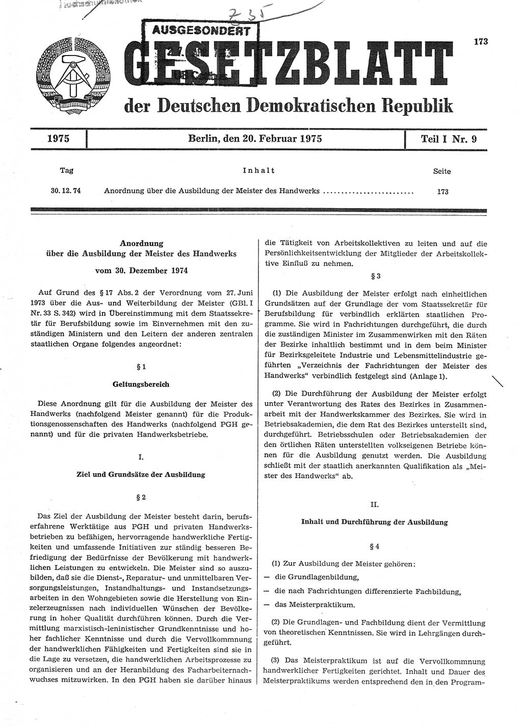 Gesetzblatt (GBl.) der Deutschen Demokratischen Republik (DDR) Teil Ⅰ 1975, Seite 173 (GBl. DDR Ⅰ 1975, S. 173)