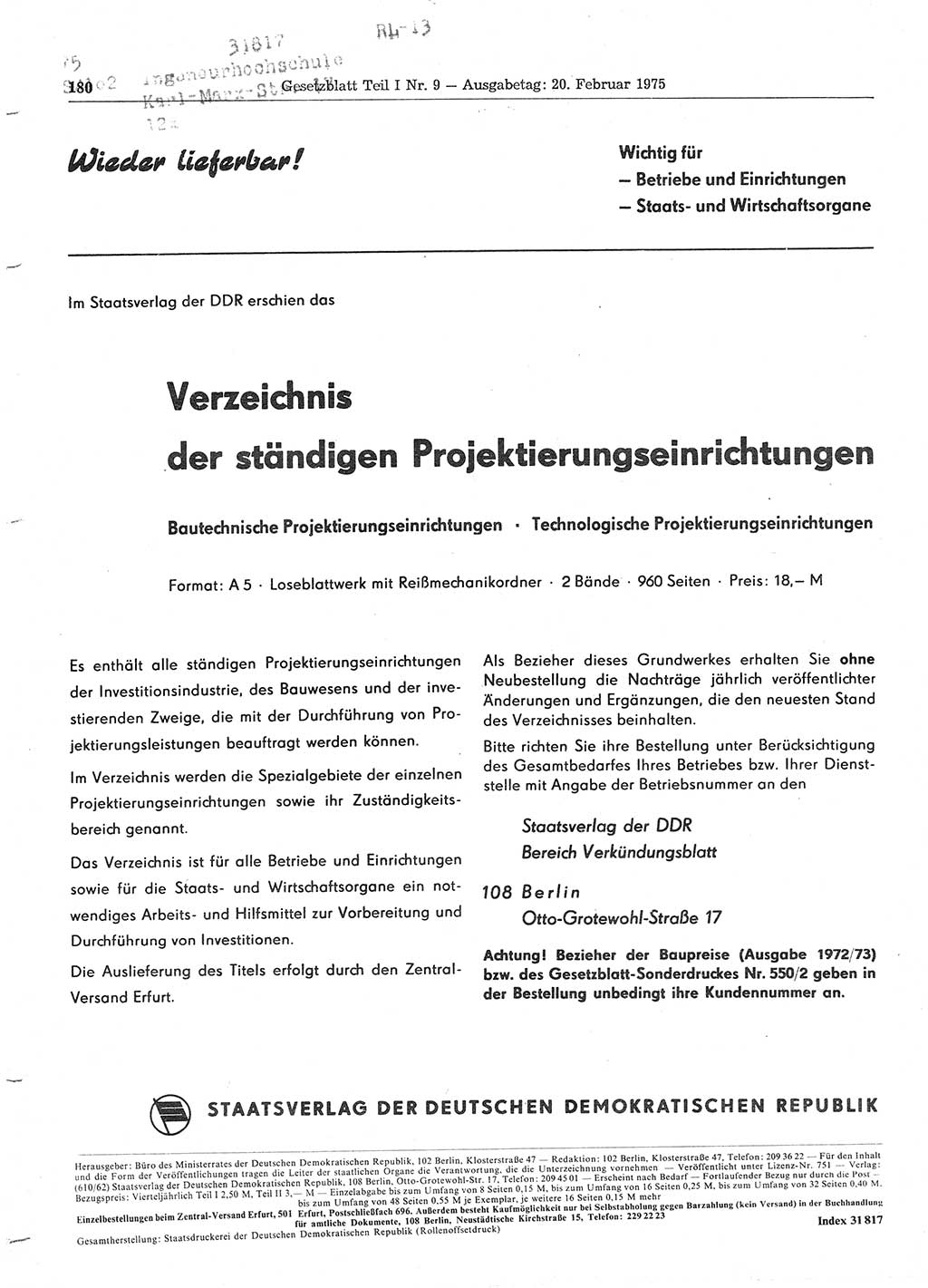 Gesetzblatt (GBl.) der Deutschen Demokratischen Republik (DDR) Teil Ⅰ 1975, Seite 180 (GBl. DDR Ⅰ 1975, S. 180)