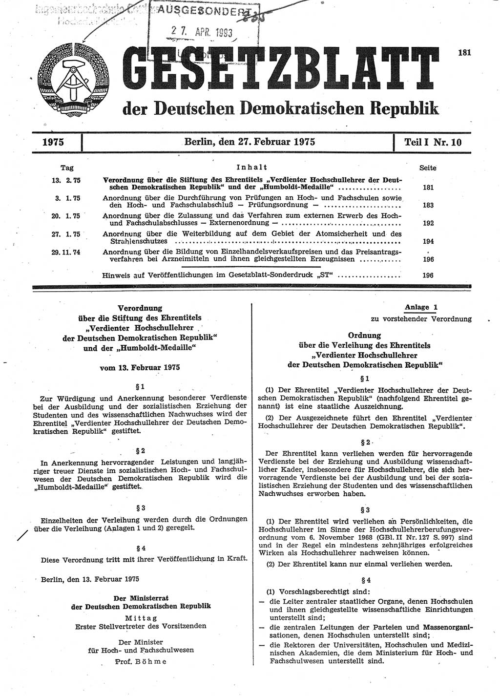 Gesetzblatt (GBl.) der Deutschen Demokratischen Republik (DDR) Teil Ⅰ 1975, Seite 181 (GBl. DDR Ⅰ 1975, S. 181)